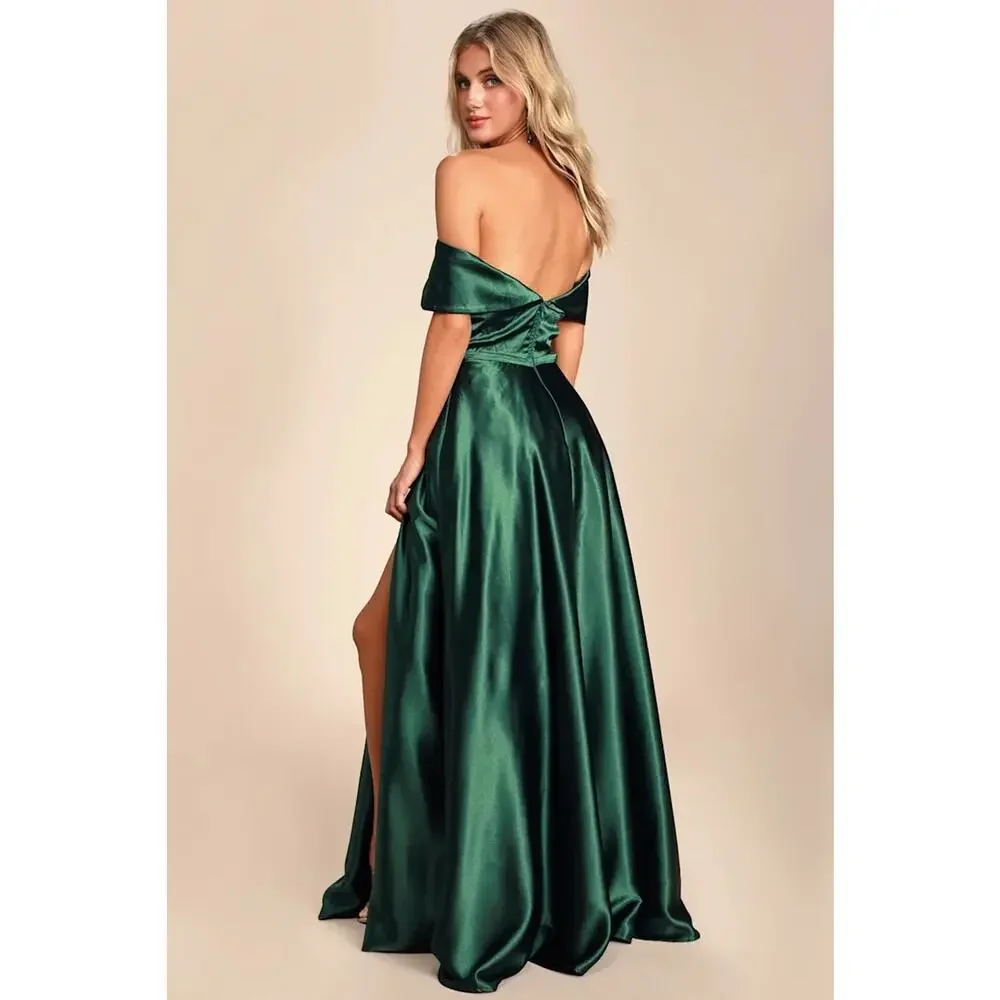 NWT Lulus Greatest Hits Forest Green Satin Off-the-Shoulder Maxi Dress Size M